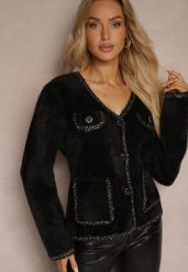 Czarny Sweter o Fasonie Kardiganu z Metaliczną Nicią oraz Ozdobnymi Guzikami Getila. Czarne swetry Renee, m, bez wzorów, z jeansu, eleganckie, bez ramiączek. W wyprzedaży za 87.99 zł.