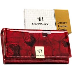 Duży portfel damski z lakierowanej skóry naturalnej w czerwonym kolorze, wyposażony w system RFID Rovicky RH-24A-1-DBF. Czerwone portfele bez wzorów, ze skóry. Za 89.99 zł.