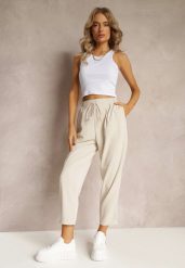 Beżowe Spodnie High Waist z Gumką i Troczkiem w Pasie oraz Kieszeniami Arlettia. Brązowe jeansy Renee, xl, bez wzorów, z jeansu, z podwyższonym stanem, długie. W wyprzedaży za 67.99 zł.