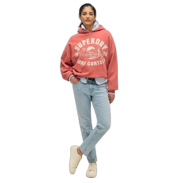 Damska bluza oversize z kapturem Superdry Lo-Fi. Czerwone bluzy Superdry, na zimę, l, bez wzorów, eleganckie, bez ramiączek, z kapturem. Za 319.10 zł.