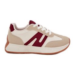 Buty Sportowe Damskie Na Platformie Beżowo-Bordowe beżowy. Brązowe buty treningowe bez wzorów, ze skóry, bez zapięcia. Za 144.40 zł.
