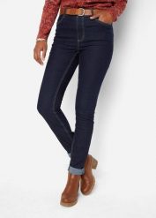Jegginsy high-waist z wygodnym pasem. Niebieskie jeansy bonprix, bez wzorów, z jeansu, z podwyższonym stanem. Za 109.99 zł.