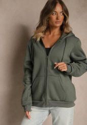 Zielona Bluza Rozpinana z Kapturem z Bawełną Ozdobiona Sznurkami Odiola. Zielone bluzy z kapturem Renee, uniwersalny, z aplikacjami, z bawełny, z kapturem. Za 59.99 zł.