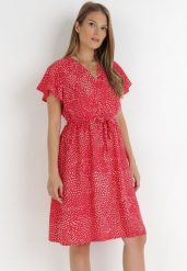 Czerwona Sukienka Kepherine. Czerwone sukienki Born2be, l, bez wzorów, z materiału, bez kołnierzyka, bez ramiączek, mini, kopertowe. Za 89.99 zł.