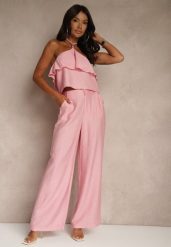 Różowy Komplet z Wiskozą Spodnie i Bluzka z Aplikacją i Falbaną Dolirela. Czerwone bluzki Renee, l, z aplikacjami, z wiskozy, biznesowe, bez kołnierzyka, bez ramiączek. Za 109.99 zł.