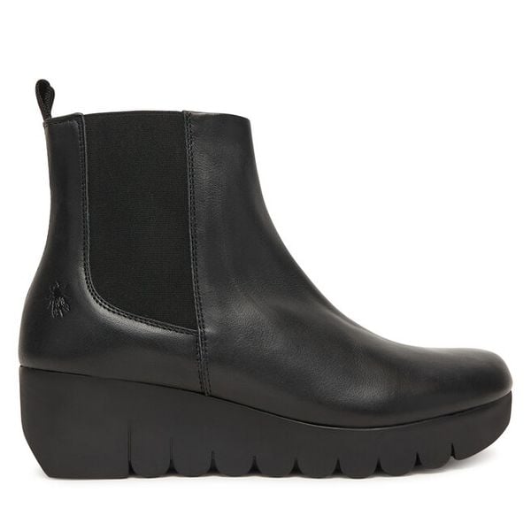 Botki Fly London. Czarne botki Fly London, bez wzorów, bez obcasa, na koturnie, bez zapięcia. Za 459.99 zł.