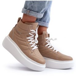 Zazoo 3392/X Damskie Skórzane Buty Sportowe Na Platformie Beżowe beżowy. Brązowe buty treningowe na wiosnę, bez wzorów, ze skóry, za kostkę, bez zapięcia. Za 659.61 zł.