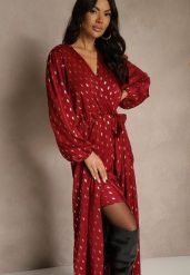 Bordowa Wiązana Sukienka o Kopertowym Kroju Zdobiona Metalicznym Printem Reinora. Czerwone sukienki Renee, na spotkanie biznesowe, l, z aplikacjami, bez kołnierzyka, bez ramiączek, maxi, kopertowe. Za 159.99 zł.