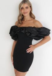 Czarna Sukienka Dopasowana z Falbanami Acore. Czarne sukienki Born2be, na imprezę, m, bez wzorów, eleganckie, bez kołnierzyka, bez ramiączek, mini, dopasowane. W wyprzedaży za 118.99 zł.