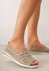 Beżowe Balerinki Ażurowe ze Skóry Naturalnej z Odkrytym Noskiem Amalimeni. Brązowe baleriny Born2be, w ażurowe wzory, z jeansu, biznesowe, bez obcasa, bez zapięcia. Za 199.99 zł.