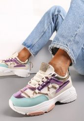 Beżowo-Fioletowe Sneakersy Ozdobione Sznureczkiem z Cyrkoniami Nathanias. Brązowe buty sportowe lifestyle Renee, z aplikacjami, z jeansu, eleganckie, bez zapięcia. Za 119.99 zł.