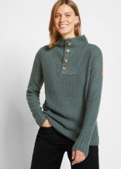 Sweter ze stójką w strukturalny wzór. Zielone swetry bonprix, bez wzorów, bez ramiączek. Za 104.99 zł.