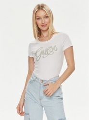 Guess T-Shirt W4GI30 J1314 Biały Slim Fit. Białe t-shirty Guess, s, z aplikacjami, z bawełny, bez kołnierzyka, bez ramiączek. Za 329.99 zł.