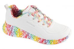 Buty sportowe Sneakersy damskie, Uno Lite - Exuberant Hearts. Białe buty treningowe Skechers, bez wzorów, z materiału, przed kostkę, bez zapięcia, trekkingowe. Za 319.99 zł.