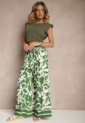 Zielone Spodnie o Szerokim Kroju High Waist w Kwiaty Nelrive. Zielone jeansy Renee, z aplikacjami, z jeansu, eleganckie, z podwyższonym stanem. W wyprzedaży za 35.99 zł.