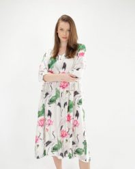 Beżowa sukienka w kwiaty. Brązowe sukienki Unisono, l, bez wzorów, z tkaniny, bez kołnierzyka, bez ramiączek. Za 269.00 zł.