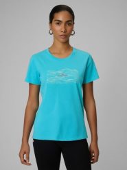 4F T-shirt regular z nadrukiem damski - turkusowy XS. Niebieskie t-shirty 4f, xs, bez wzorów, z bawełny, bez kołnierzyka, bez ramiączek. Za 49.99 zł.