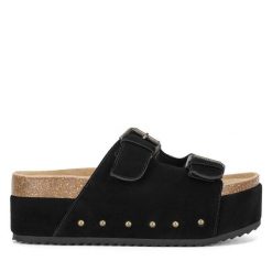 Klapki Badura. Czarne klapki Badura, bez wzorów, bez obcasa, bez zapięcia. Za 229.99 zł.