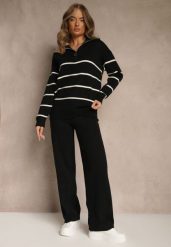 Czarny Komplet z Dzianiny z Wełną Spodnie i Pasiasty Sweter z Suwakiem Tiarrea. Czarne swetry Renee, na jesień, bez wzorów, z bawełny, bez ramiączek. Za 149.99 zł.