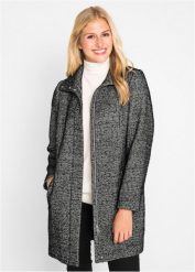 Luźniejszy krótki płaszcz przejściowy z materiału o wyglądzie wełny. Czarne płaszcze bonprix, bez wzorów, z wełny, bez kaptura. Za 309.99 zł.