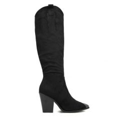 Kowbojki DeeZee. Czarne kozaki DeeZee, bez wzorów, bez obcasa, na słupku, bez zapięcia. Za 249.99 zł.