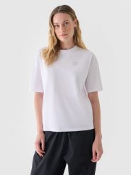 4F T-shirt oversize z nadrukiem damski - biały XL. Białe t-shirty 4f, xl, bez wzorów, z bawełny, klasyczne, bez kołnierzyka, bez ramiączek. W wyprzedaży za 29.99 zł.