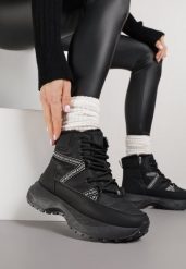 Czarne Sportowe Śniegowce Chunky na Platformie Ishweda. Czarne śniegowce Renee, bez wzorów, z jeansu, bez zapięcia. Za 119.99 zł.