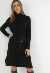 Czarna Sukienka Dzianinowa z Golfem i Dużą Kieszenią Taniya. Czarne sukienki Born2be, do pracy, l, bez wzorów, z dzianiny, biznesowe, bez kołnierzyka, bez ramiączek, midi, dopasowane. W wyprzedaży za 104.99 zł.