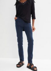 Dżinsy Skinny mid waist, z wygodnym paskiem. Niebieskie jeansy bonprix, bez wzorów, z jeansu. Za 82.99 zł.