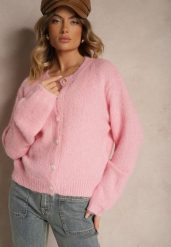 Różowy Klasyczny Kardigan o Prostym Kroju Riavara. Czerwone swetry Renee, bez wzorów, z jeansu, eleganckie, bez ramiączek. W wyprzedaży za 143.99 zł.