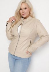 Beżowa Kurtka Ramoneska Bez Kołnierzyka z Suwakami na Rękawach Rilinne. Brązowe kurtki Born2be, na wiosnę, plus size, bez wzorów, eleganckie, bez kaptura. W wyprzedaży za 111.99 zł.