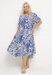 Niebieska Rozkloszowana Sukienka z Wiskozy z Geometrycznym Wzorem Emisova. Niebieskie sukienki Born2be, na co dzień, xl, bez wzorów, z wiskozy, eleganckie, bez kołnierzyka, bez ramiączek, midi, rozkloszowane. W wyprzedaży za 67.99 zł.