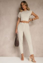 Jasnobeżowe Klasyczne Spodnie Regular Waist z Gumką w Pasie Tilomira. Brązowe jeansy Renee, l, bez wzorów, z jeansu, eleganckie. W wyprzedaży za 55.99 zł.