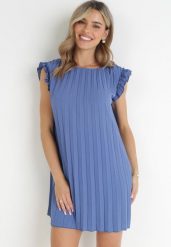 Niebieska Pudełkowa Sukienka Mini z Plisowanej Tkaniny z Wiskozy i Bawełny Ematisa. Niebieskie sukienki Born2be, na imprezę, xl, bez wzorów, z bawełny, eleganckie, bez kołnierzyka, bez ramiączek, mini. W wyprzedaży za 55.99 zł.