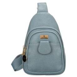 Niebieska stylowa mała saszetka damska z eko skóry zdobionej złotymi okuciami nerka crossbody Peterson. Niebieskie nerki i saszetki Peterson, z aplikacjami, z materiału, eleganckie, małe, bez dodatków. Za 89.99 zł.