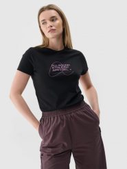 4F T-shirt slim z nadrukiem damski - czarny S. Czarne t-shirty 4f, s, bez wzorów, z bawełny, klasyczne, bez kołnierzyka, bez ramiączek. W wyprzedaży za 29.99 zł.