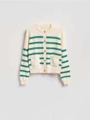 Bawełniany kardigan w paski - zielony. Zielone swetry Reserved, l, bez wzorów, z bawełny, bez ramiączek. Za 199.99 zł.