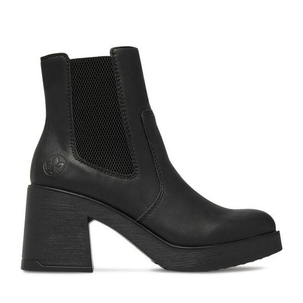 Botki Rieker. Czarne botki Rieker, bez wzorów, bez obcasa, na słupku, bez zapięcia. Za 379.99 zł.