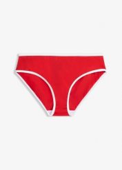 Figi bikini z białym, kontrastowym wykończeniem. Czarne bikini bonprix, bez wzorów. Za 34.99 zł.