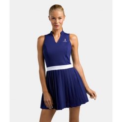 Sukienka Elegancja - Granatowa. Niebieskie sukienki NORDICDOTS, l, bez wzorów, z materiału, eleganckie, bez kołnierzyka, bez ramiączek, sportowe. Za 405.00 zł.