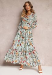 Miętowa Rozkoszowana Sukienka Maxi z Falbankami i Gumką w Talii Leezasa. Zielone sukienki Renee, na imprezę, l, bez wzorów, eleganckie, bez kołnierzyka, bez ramiączek, maxi. W wyprzedaży za 111.99 zł.