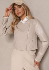 Beżowa Kurtka w Stylu Ramoneski z Guzikami Sesiloria. Brązowe kurtki Renee, m, bez wzorów, z jeansu, eleganckie, bez kaptura. Za 169.99 zł.