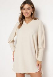 Jasnobeżowa Rozkloszowana Sukienka Pudełkowa z Bufiastymi Rękawami Gwelan. Brązowe sukienki Born2be, na co dzień, s, bez wzorów, eleganckie, bez kołnierzyka, bez ramiączek, mini, proste. W wyprzedaży za 62.99 zł.