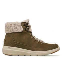 Botki Skechers. Zielone botki Skechers, bez wzorów, bez obcasa, na płaskiej podeszwie, bez zapięcia. Za 289.99 zł.