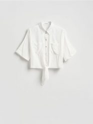 Koszula z wiskozy z wiązaniem - biały. Białe koszule Reserved, l, bez wzorów, z tkaniny, bez kołnierzyka, bez ramiączek. Za 89.99 zł.