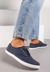 Granatowe Tenisówki przed Kostkę w Kropki Porenia. Niebieskie trampki Renee, bez wzorów, przed kostkę, bez zapięcia. W wyprzedaży za 31.99 zł.