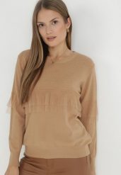 Beżowa Bluzka z Falbanką Barme. Brązowe bluzki Born2be, l, bez wzorów, bez kołnierzyka, bez ramiączek. W wyprzedaży za 104.99 zł.