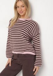 Różowy Sweter Oversize w Paski z Dodatkiem Wełny i Wiskozy Tianalla. Czerwone swetry Born2be, bez wzorów, z jeansu, eleganckie, bez ramiączek. Za 129.99 zł.