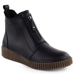 Skórzane botki damskie na platformie czarne Rieker Y4354-00. Czarne botki Rieker, bez wzorów, ze skóry, bez obcasa, na platformie, bez zapięcia. Za 272.35 zł.