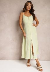 Zielona Taliowana Sukienka na Guziki na Ramiączkach z Regulacją Quafea. Zielone sukienki Renee, na co dzień, l, bez wzorów, eleganckie, bez kołnierzyka, bez ramiączek, midi, kopertowe. W wyprzedaży za 67.99 zł.